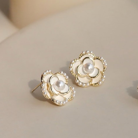 Jewelry - Pearl Camellia Flower Earrings: 18K Gold Plated Studs